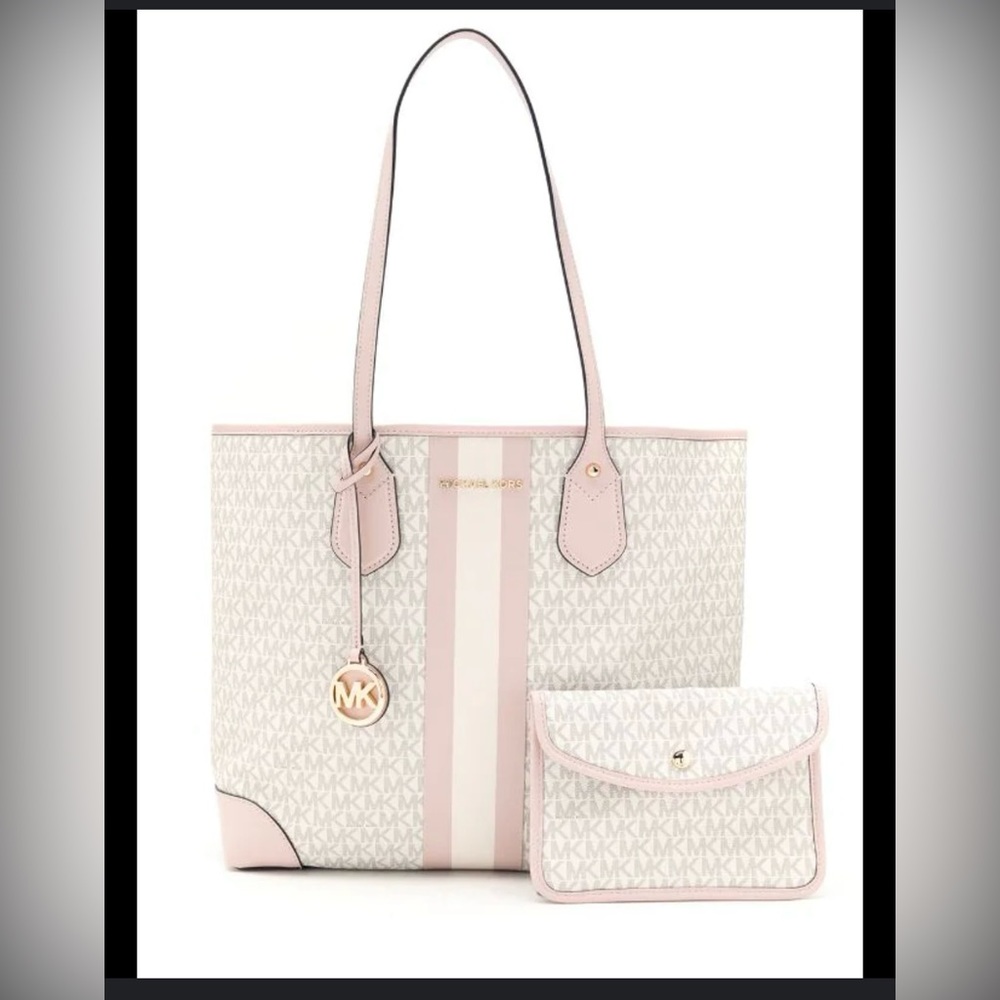 Micheal Kors Eva Large monogram Tote bag Pink White